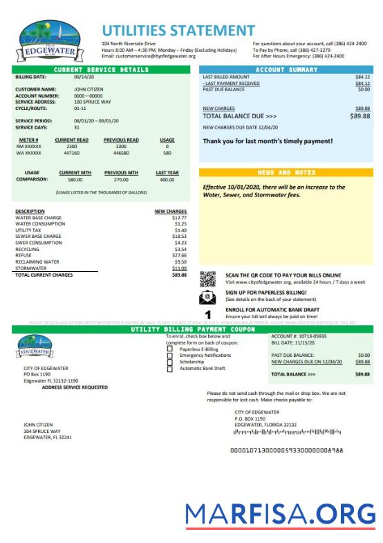 Printable USA Florida City of Edgewater utility bill template in Word and PDF format
